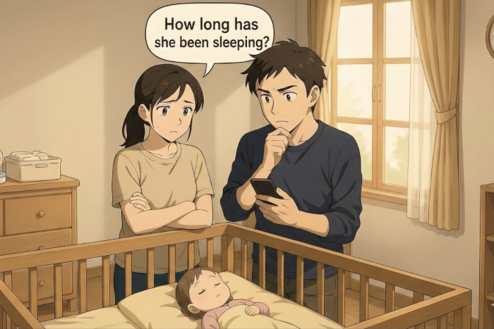Parent checking on a sleeping baby with uncertainty.